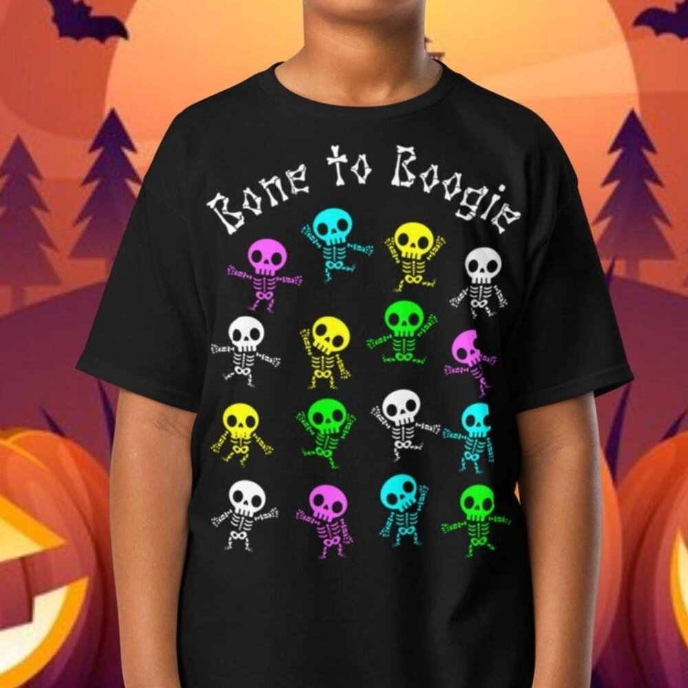 Spooky Cute Dancing Skeletons Kids Halloween Tee, Youth funny bones t-shirt